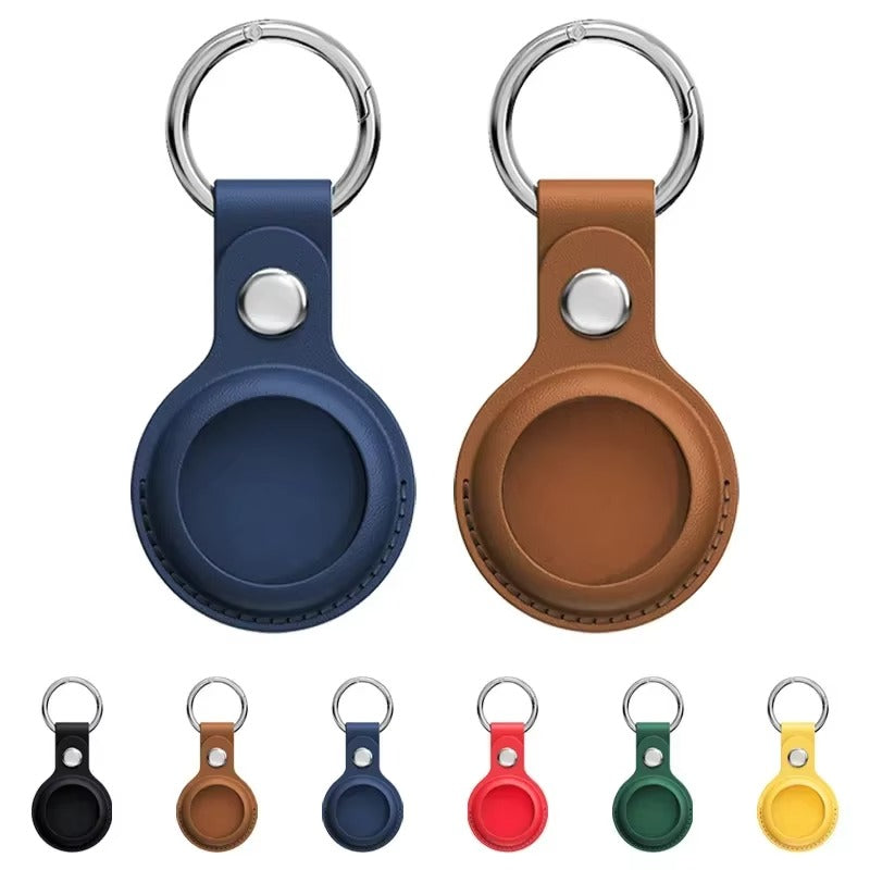 Luxury Leather AirTag Keychain Holder – Anti-Scratch Pet Tracker Cover, Secure Snap Button, Stylish Protective Case for iOS, Key Ring Included