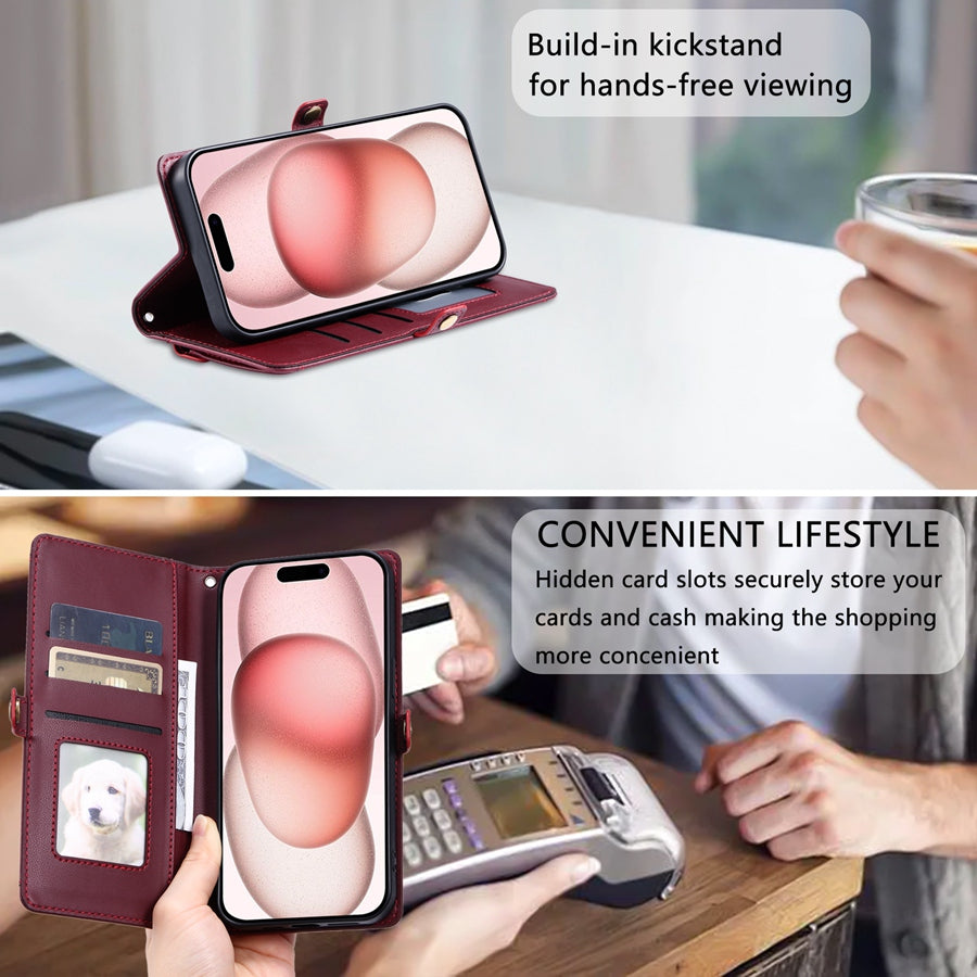 Luxury Dual-Layer Wallet iPhone Case – Flip Leather Cover with Card Slots, Photo Frame, 2 Lanyards, Shockproof Protection, and Stand Feature for iPhone