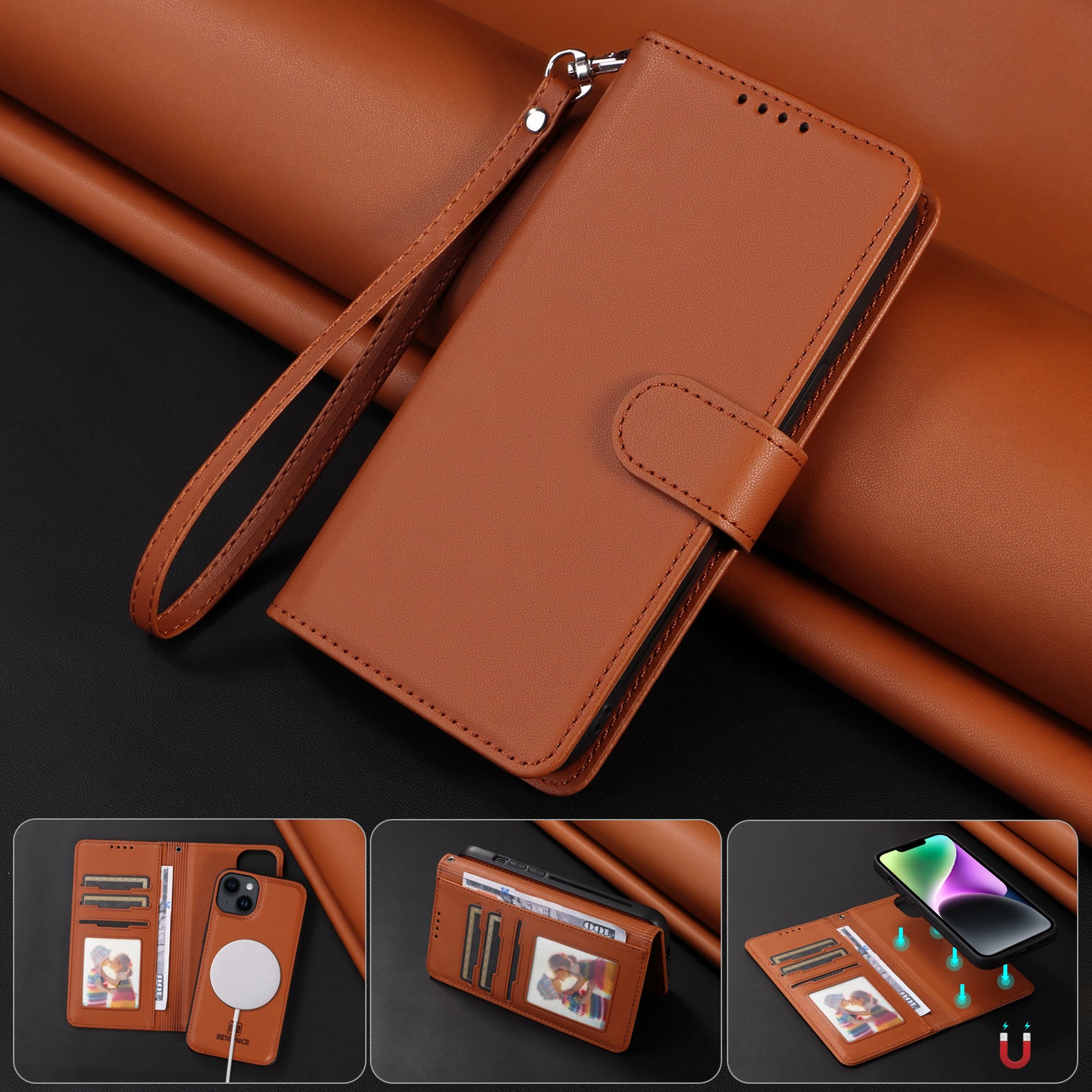 Luxuriöse, abnehmbare 2-in-1-Brieftaschenhülle für das iPhone – magnetische Lederhülle, Kartenhalter, Ständer, sicherer Verschluss, stilvoller und langlebiger Schutz