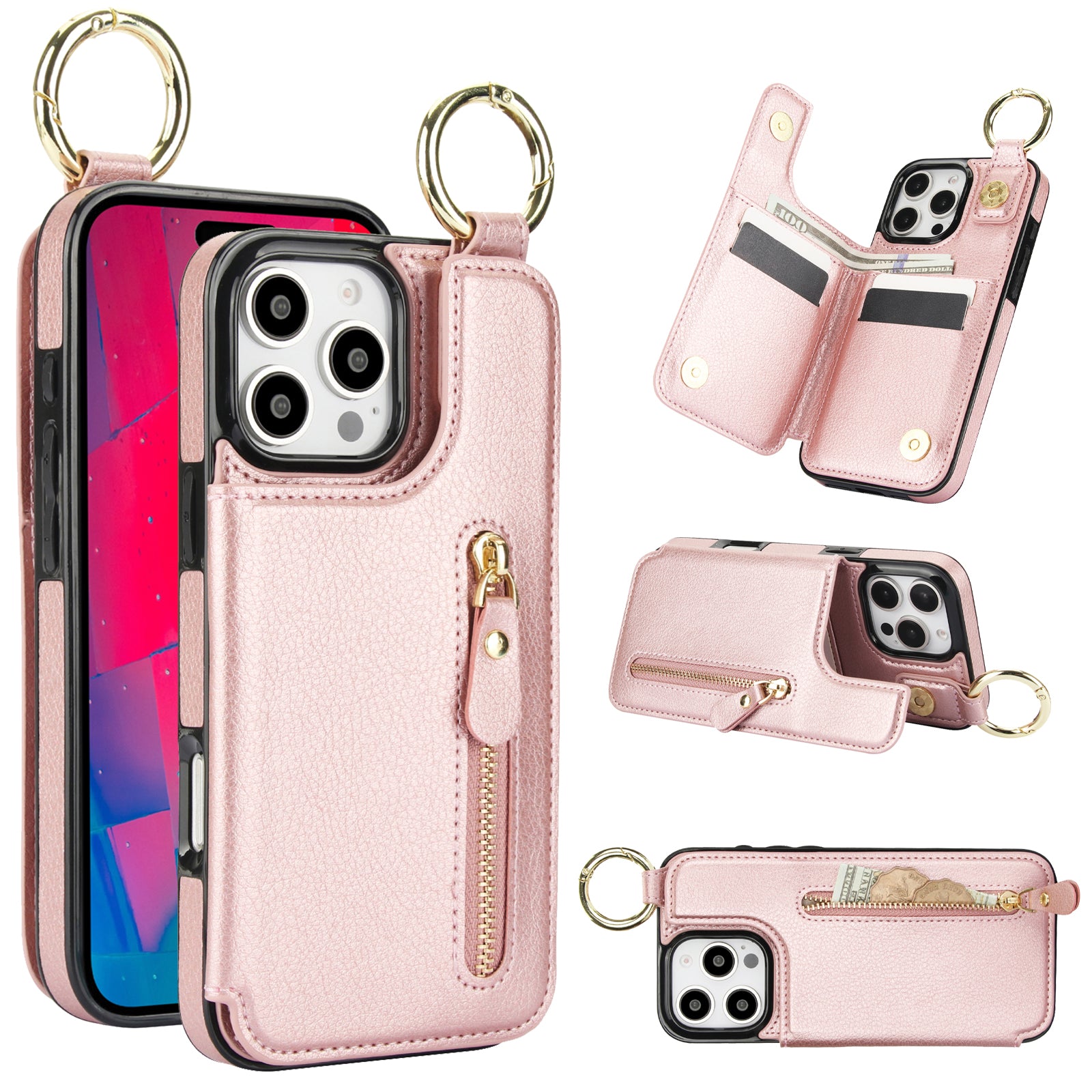 Luxuriöse iPhone-Hülle aus Leder im Brieftaschenformat mit Reißverschluss – Kartenhalter, Ringständer, stoßfester Schutz und Crossbody-Design für sicheren und stilvollen Komfort
