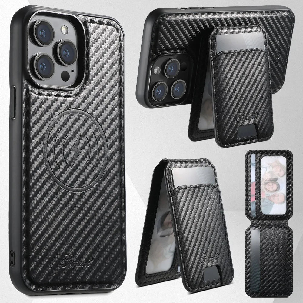 Hochwertige 2-in-1-iPhone-Hülle im Brieftaschenformat aus Carbonfaser – magnetischer Kartenhalter, abnehmbare Abdeckung, stoßfester Schutz, schlankes Design für iPhone-Modelle