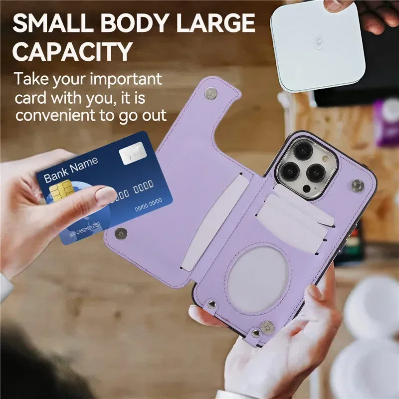 Luxury Crossbody RFID Leather Wallet iPhone Case – Card Slot, Ring Holder, Double Buckle, Lanyard Bag Cover, Magnetic Closure