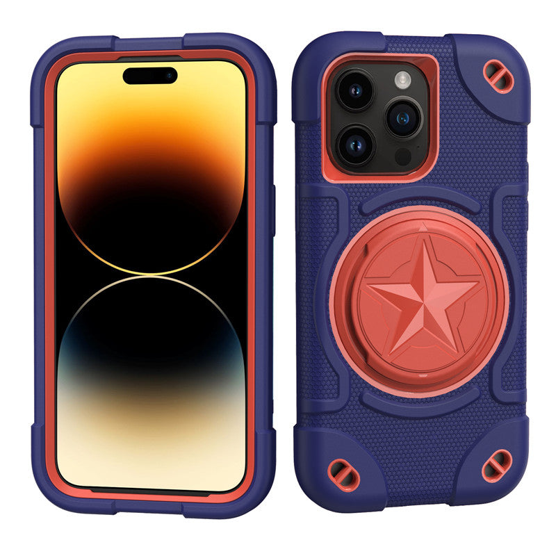 Shield Rotating Ring Rugged Stand iPhone Case – Star Design, Macaron Color Bumper Cover, Durable Protection for iPhone Models