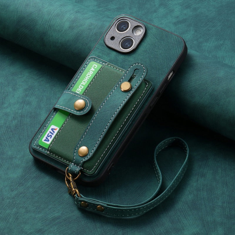 Luxury PU Leather Wallet iPhone Case with Wrist Strap – Stand Function, Card Holder, Protection for Secure and Convenience