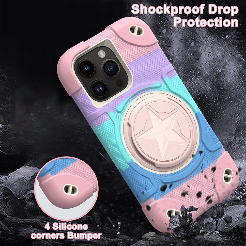 Shield Rotating Ring Rugged Stand iPhone Case – Star Design, Macaron Color Bumper Cover, Durable Protection for iPhone Models