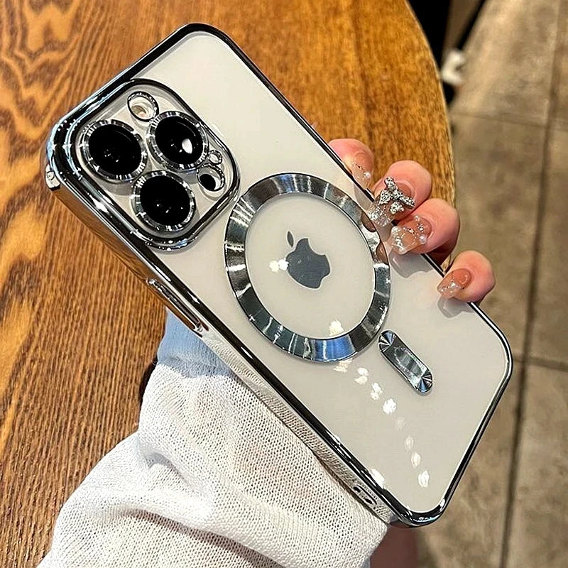 Clear Plating Magnetic iPhone Case - MagSafe Compatible, Lens Protection, Wireless Charging Ready Case for iPhone