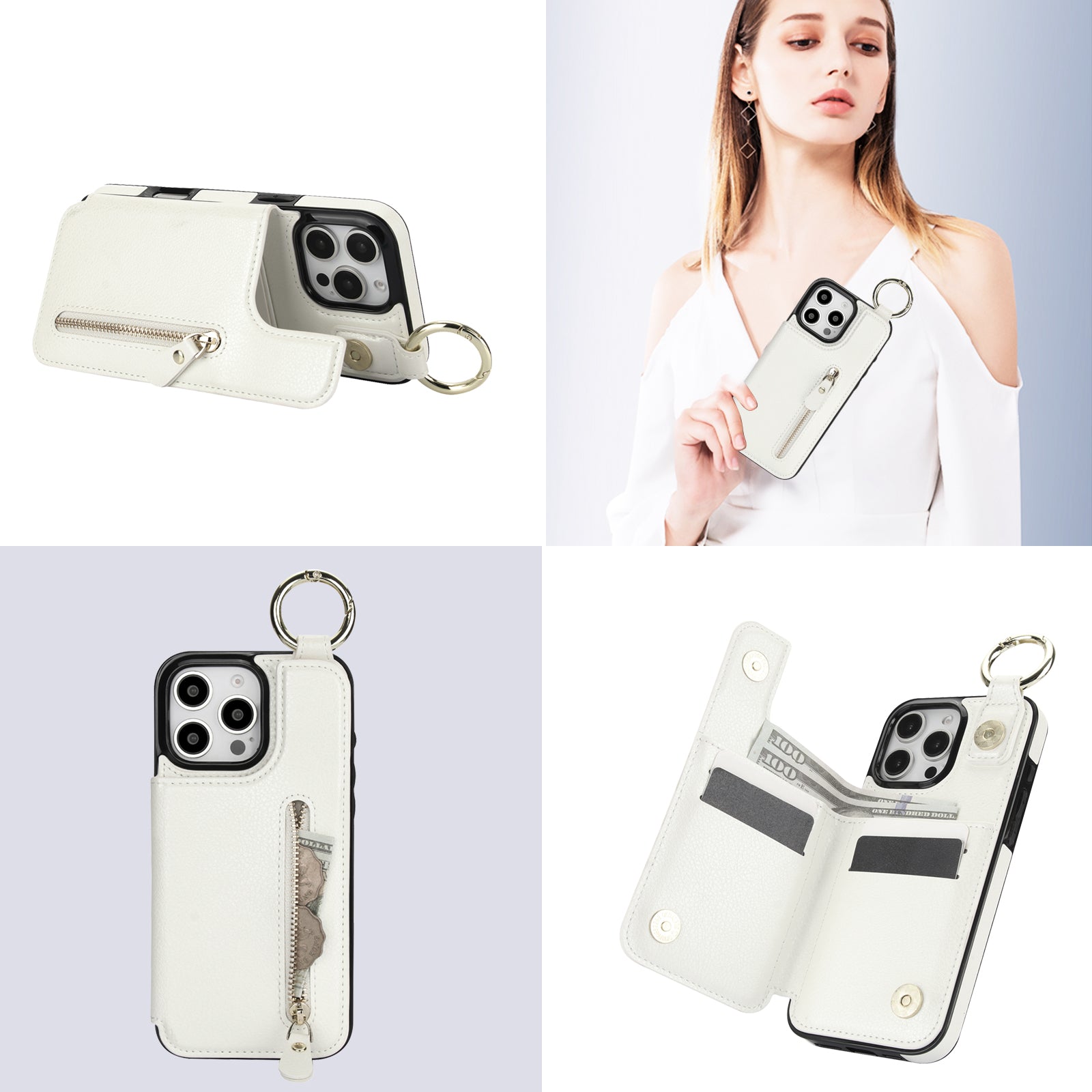 Luxuriöse iPhone-Hülle aus Leder im Brieftaschenformat mit Reißverschluss – Kartenhalter, Ringständer, stoßfester Schutz und Crossbody-Design für sicheren und stilvollen Komfort