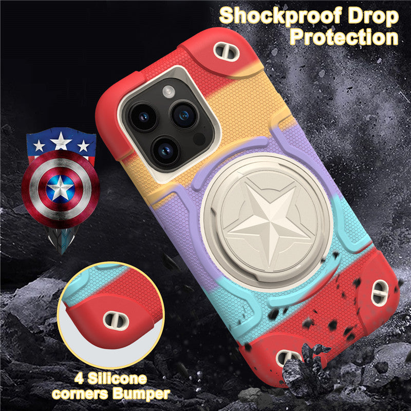 Shield Rotating Ring Rugged Stand iPhone Case – Star Design, Macaron Color Bumper Cover, Durable Protection for iPhone Models
