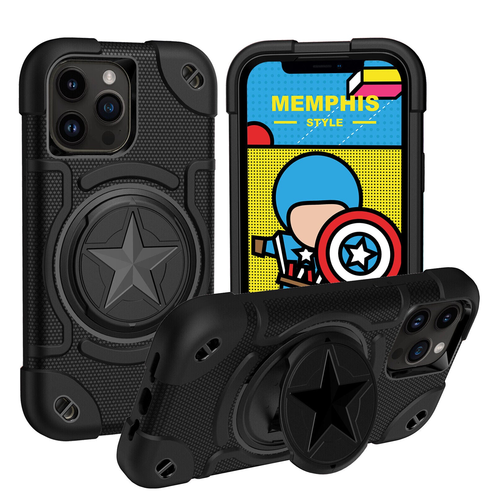 Shield Rotating Ring Rugged Stand iPhone Case – Star Design, Macaron Color Bumper Cover, Durable Protection for iPhone Models
