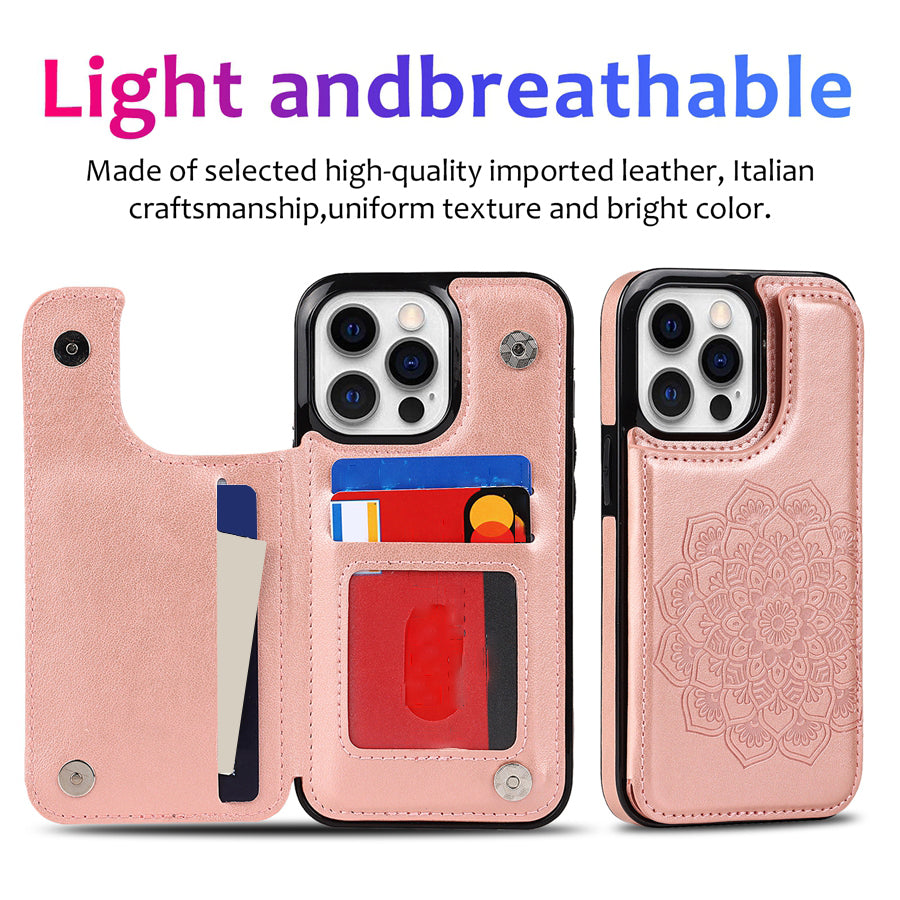 Luxury Wallet Datura Double Buckle iPhone Case – Magnetic Flip, Card Slot, Protective & Stylish Leather Cover Case for iPhone