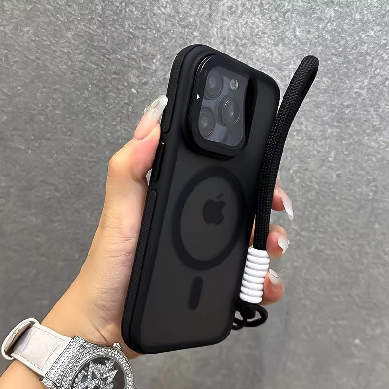 Luxury Apple iPhone Case  Ultra Thin Shockproof Magnetic Full All Around Protection Cover with Matte Stand & Wrist Strap