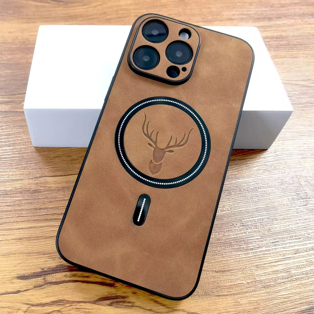 Luxury PU Leather MagSafe iPhone Case – Deer Embossed Design,  Stylish & Durable Full Protection Cover | Case for iPhone