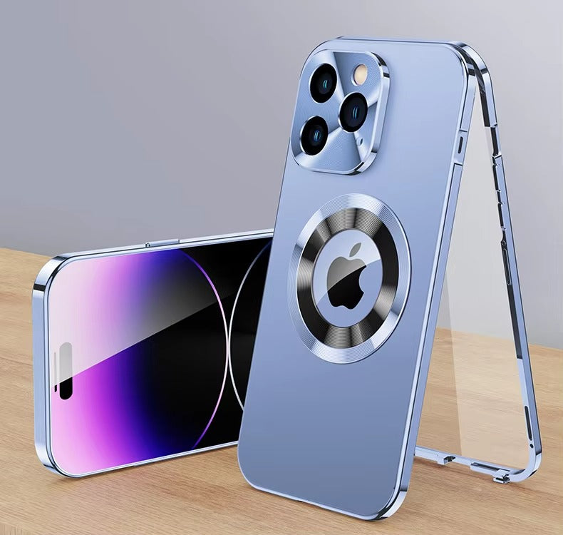 Premium Apple iPhone Case MagSafe Shockproof Magnetic Full All Around Protection Cover with Double Glass Alloy Frame