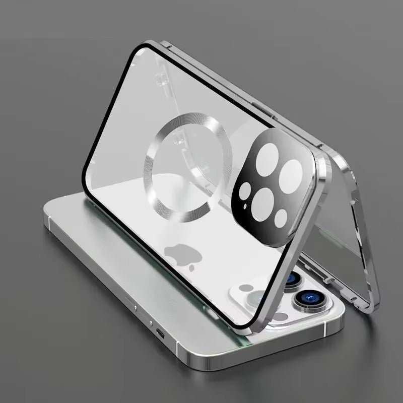 Premium Apple iPhone Case  Ultra Thin Shockproof Magnetic Full All Around Protection Cover with Metal Frame Glass Design