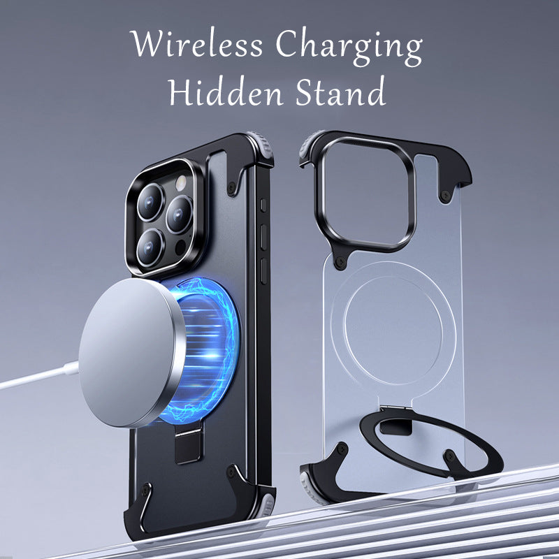 Premium Magnetic Stand Phone Case – Aluminum Alloy, Rimless Frosted Matte, Durable & Stylish Shockproof Cover Case for iPhone