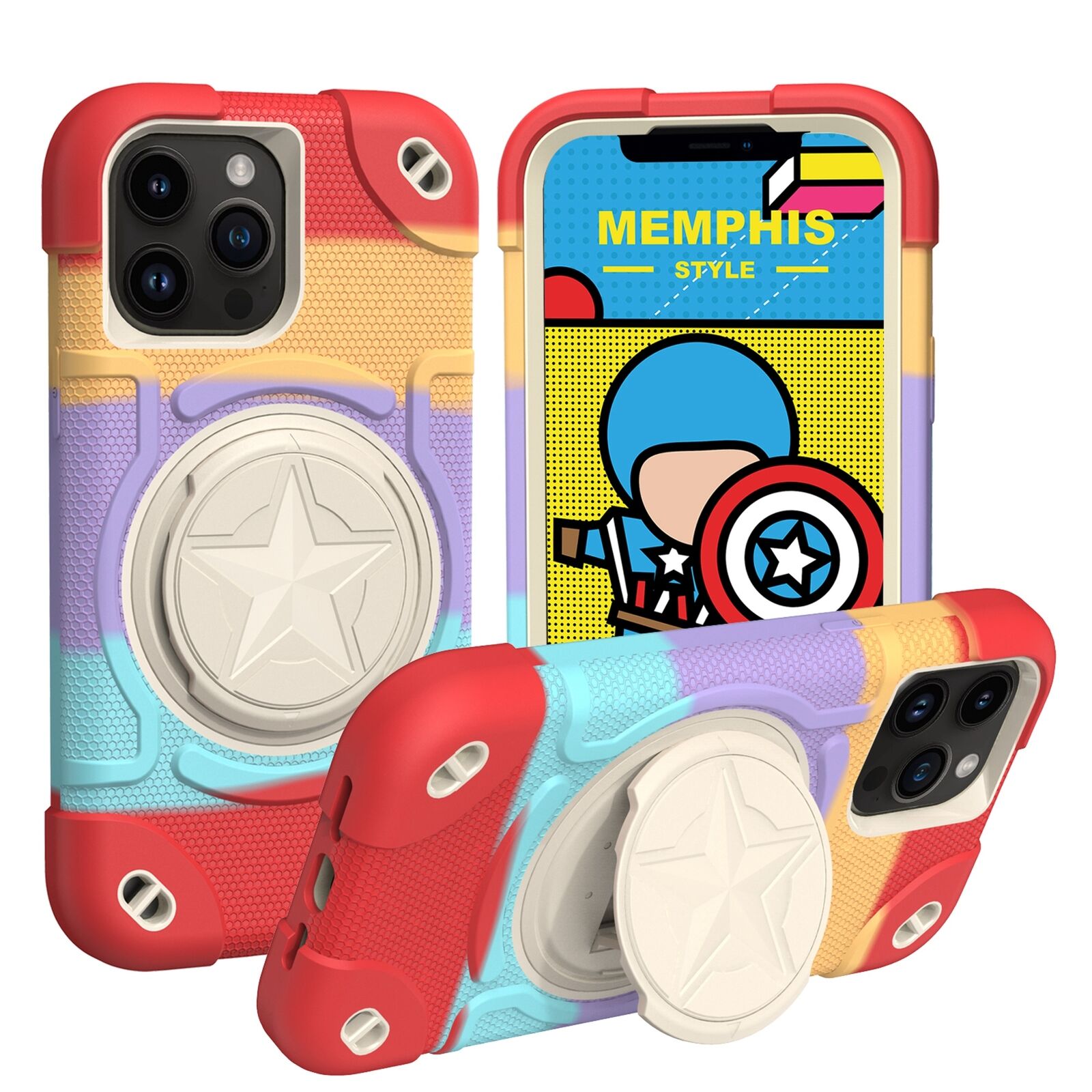 Shield Rotating Ring Rugged Stand iPhone Case – Star Design, Macaron Color Bumper Cover, Durable Protection for iPhone Models