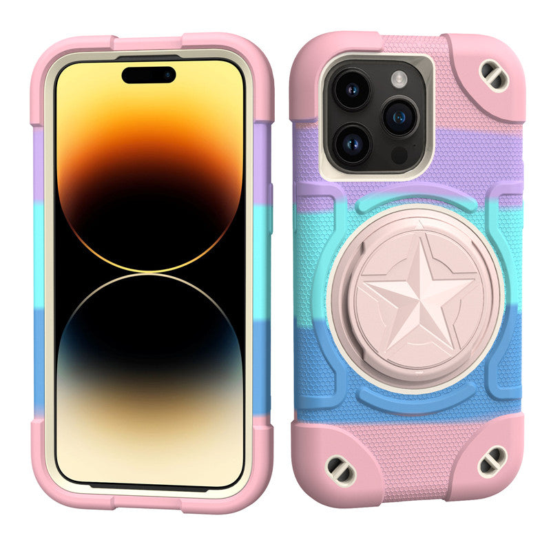 Shield Rotating Ring Rugged Stand iPhone Case – Star Design, Macaron Color Bumper Cover, Durable Protection for iPhone Models