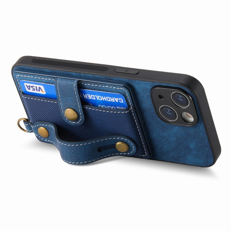 Luxury PU Leather Wallet iPhone Case with Wrist Strap – Stand Function, Card Holder, Protection for Secure and Convenience