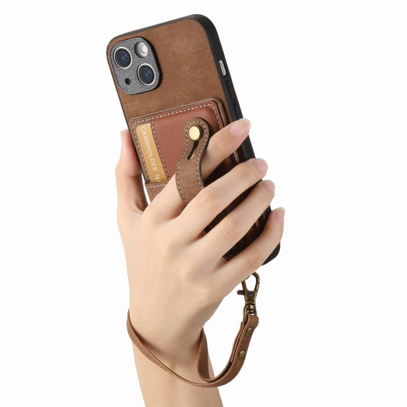 Luxury PU Leather Wallet iPhone Case with Wrist Strap – Stand Function, Card Holder, Protection for Secure and Convenience