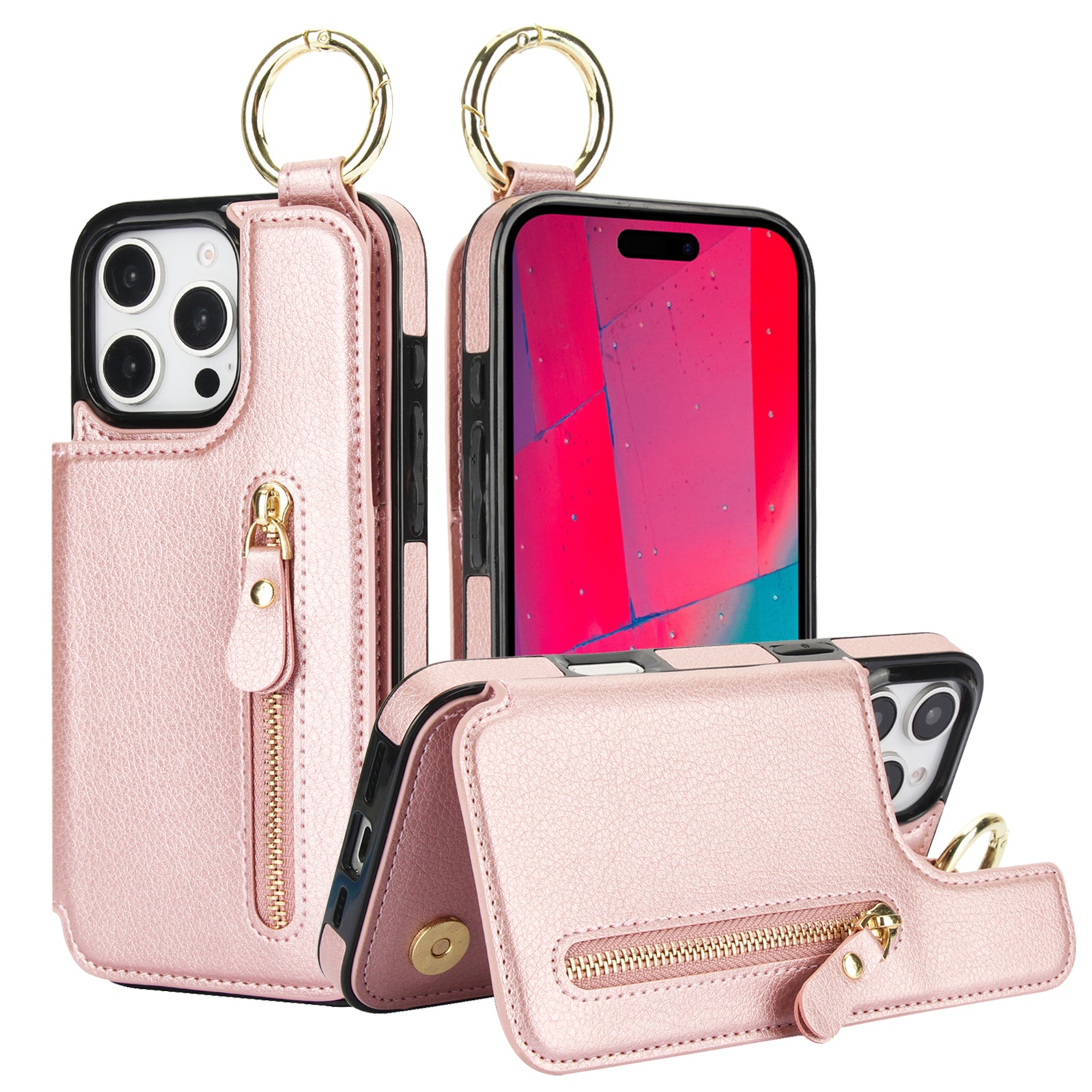 Luxuriöse iPhone-Hülle aus Leder im Brieftaschenformat mit Reißverschluss – Kartenhalter, Ringständer, stoßfester Schutz und Crossbody-Design für sicheren und stilvollen Komfort